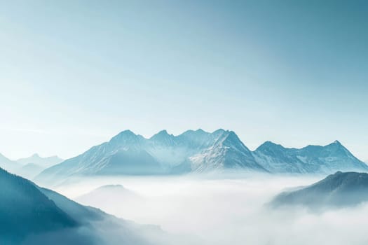 Majestic snow-capped mountain range emerging from a sea of clouds, bathed in soft morning light.