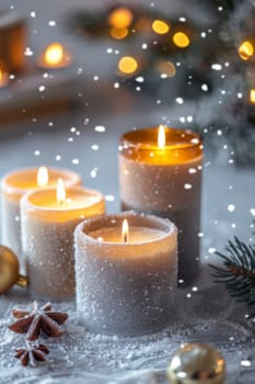 Lit candles with snow-covered edges in winter wonderland background with snowfall bokeh, AI generated