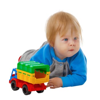 Funny kid with a plastic toy car isolated on white background