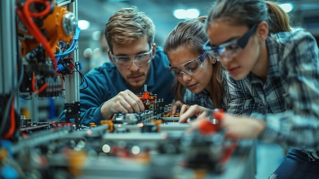 A group of young engineers wearing safety glasses work intently on a robotics project in a lab setting. Their focus and teamwork highlight innovation and technical collaboration.