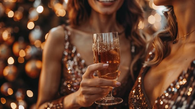 Two women in sparkling dresses making a toast with champagne glasses during a holiday celebration. Bokeh lights and decorations in the background, luxurious festive atmosphere.