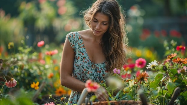 Portrait of a woman with long hair in a summer dress in a garden among lush flowers on a rural farm.