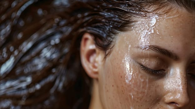 A peaceful close-up of a woman's face relaxing underwater, with water droplets shimmering on her skin. The serene expression evokes calm and tranquility.