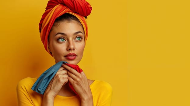 Stylish woman with red and orange headscarf posing on bright yellow background, holding a piece of fabric. copy space