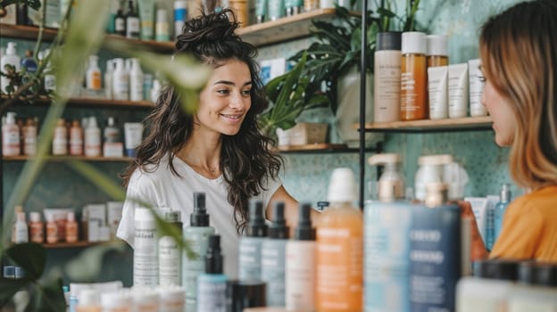 A woman smiles as she shops for organic skincare products in a natural, eco-friendly store. The shelves are filled with a variety of health and beauty items.