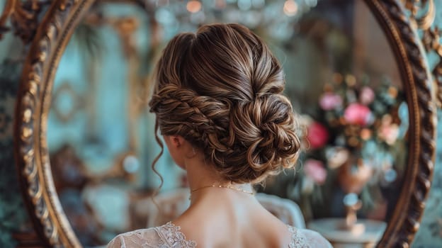 Close-up of an intricate wedding hairstyle reflected in an ornate antique mirror. The elegant hairstyle complements the classic, romantic setting.
