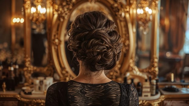A detailed view of an elegant bridal updo reflected in an ornate vintage mirror. The luxurious setting and intricate hairstyle evoke classic beauty and sophistication.