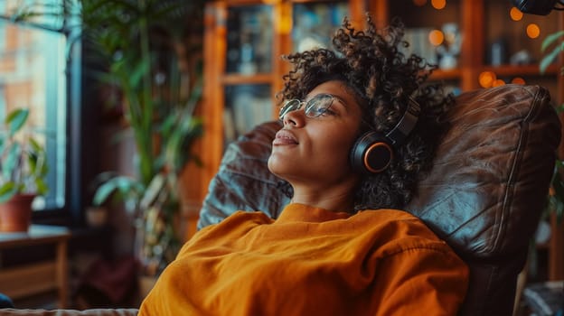 A woman with curly hair listens to music on headphones while relaxing on a leather chair in a cozy home environment, surrounded by plants and soft lighting.