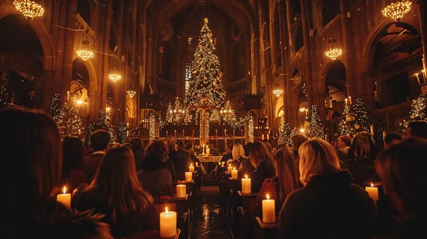 A grand church decorated for Christmas, filled with people attending a candlelit service. A large Christmas tree and soft glowing candles create a warm, reverent atmosphere.