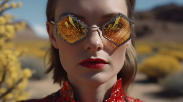 A woman in yellow hexagonal sunglasses and red lipstick stands in front of the desert.