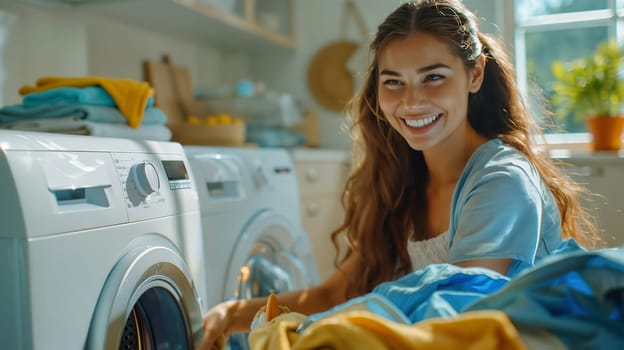 Young woman with long hair smiling while folding clothes in a bright modern laundry room. Sunlight streams in, fresh and cheerful environment.