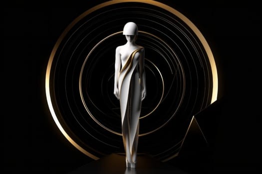 Statuette Woman in White Dress Standing on Abstract Background of Round Gold Discs.