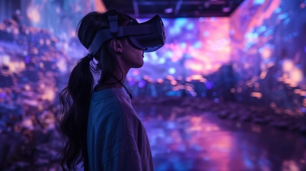 A woman wearing a Virtual Reality headset explores an immersive digital environment filled with vibrant lights and abstract visuals. The futuristic atmosphere highlights advanced technology.