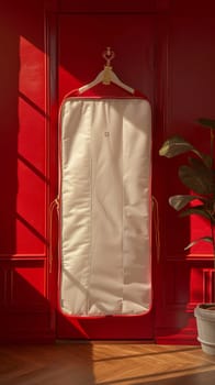 A large white cover with clothes hanging on a red wall next to a potted plant