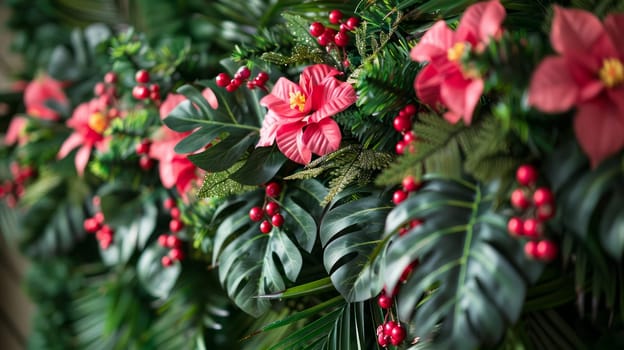 Close-up of bouquet of flowers and leaves on wall