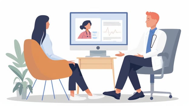 A man in a medical gown and a woman sit in chairs and talk to each other near a computer monitor.the concept of medicine