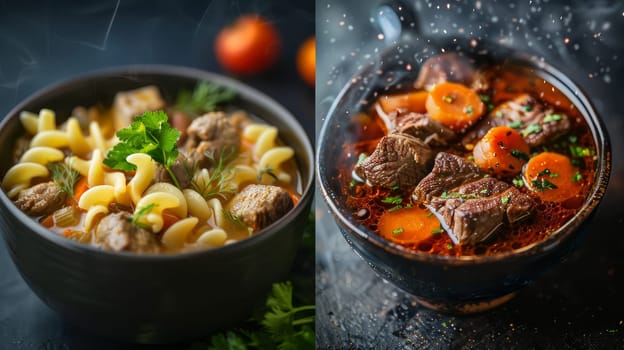 Two images of two pictures, one showing a bowl of noodles and the other showing pasta in the other