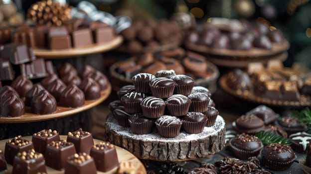 Demonstration of a table filled with chocolates of different types and sizes.