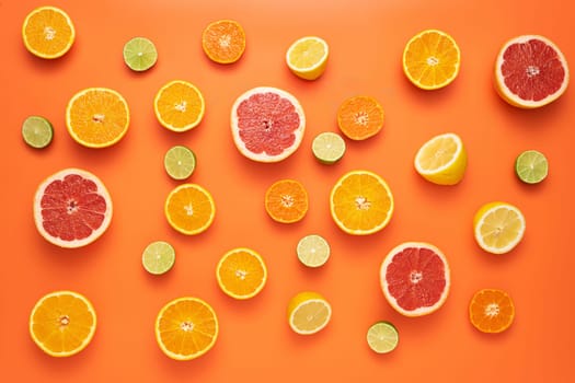 Fresh, Fruity and juicy fruit concept. View from top. Freshly cut slices citrus fruits on an orange background.