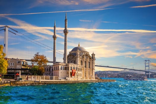 Ortakoy Mosque and the Bosphorus bridge beautiful evening view, Istanbul, Turkey.