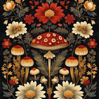 Symmetrical Painting Depicting Colorful Design with Mushrooms and Flowers