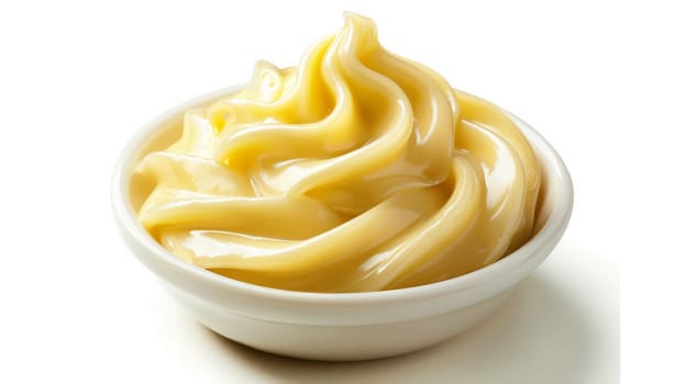 White bowl with yellow sauce on a white background