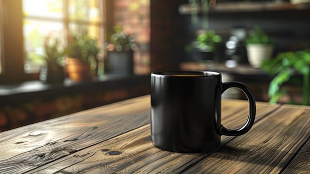 Mockup Cup of Black on Wooden Table In Front Of Plants