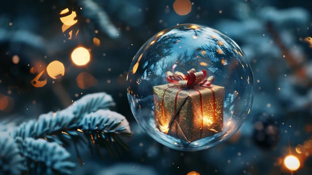 Gift in a glass ball on a branch of a Christmas snow-covered tree with lights around it