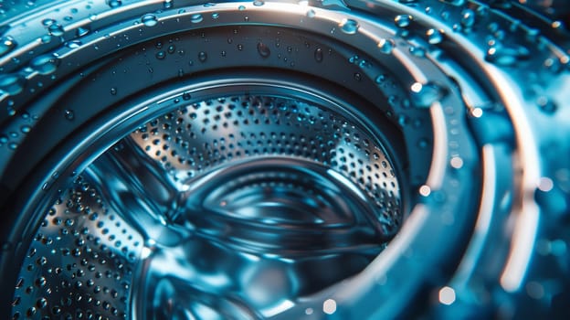Close-up of a metal tank of a washing machine with water droplets on it