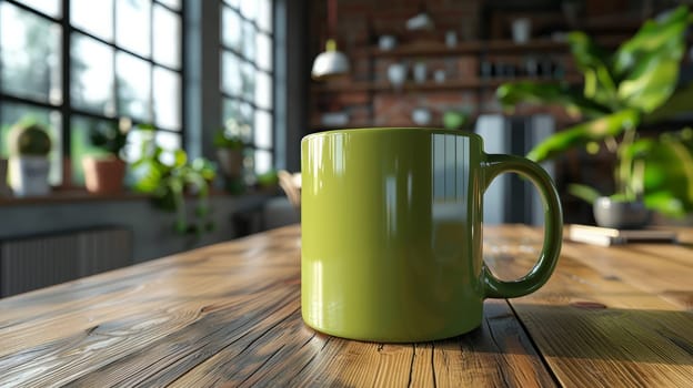 A green mug stands on a wooden table in front of the plants.