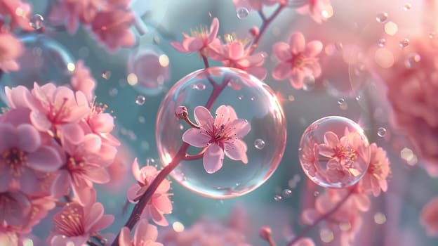 delicate pink background with close-up of pink flower with bubbles around it.