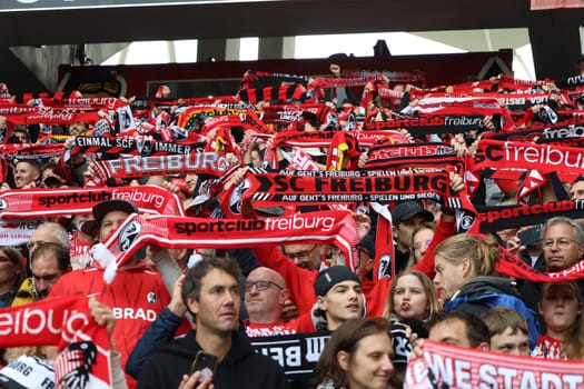 The fans of SC Freiburg not only show their colours at the Badnerlied - with fan scarves the spectators get in the mood for the game in the 1st FBL: 24-25: 1st FBL: 24-25: 5th Sptg. SC Freiburg - FC St. Pauli  DFL REGULATIONS PROHIBIT ANY USE OF PHOTOGRAPHS AS IMAGE SEQUENCES AND/OR QUASI-VIDEONann  Photo: Joachim Hahne/johapress