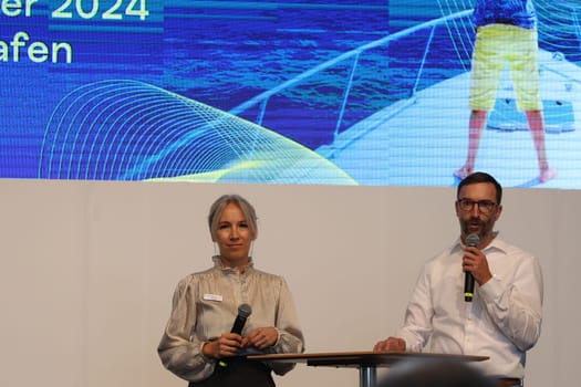 Mirja Raff (deputy. Press Officer) and Felix Klarmann,Project Manager of the Interboot 2024 trade fair in Friedrichshafen during the welcome address