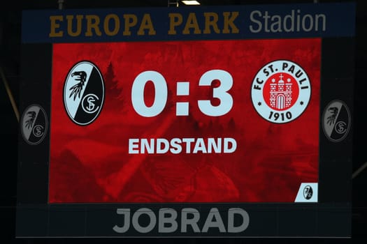 The scoreboard does not lie: 0:3 is the final score for FC St. Pauli Hamburg in the match of the 1st FBL: 24-25: 1. FBL: 24-25: 5. Sptg. SC Freiburg - FC St. Pauli  DFL REGULATIONS PROHIBIT ANY USE OF PHOTOGRAPHS AS IMAGE SEQUENCES AND/OR QUASI-VIDEONann  Photo: Joachim Hahne/johapress