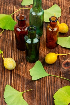Glass jar with extract from the ginkgo with leaves and yellow nuts. Natural herbal medicine concept. Top view