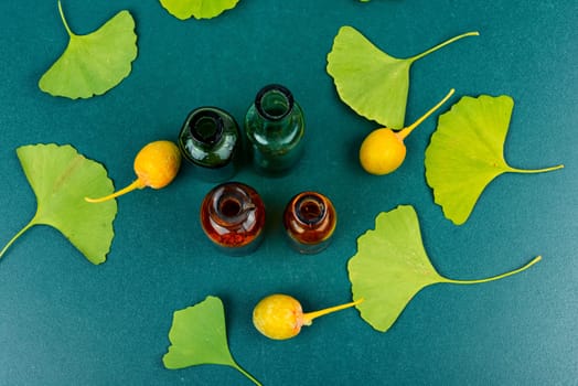 Glass jar with extract from the ginkgo with leaves and yellow nuts. Natural herbal medicine concept. Top view