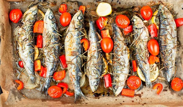Sardines roasted with cherry tomatoes rosemary and lemon on table.