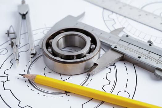 Engineering and precision tools with metal ball bering, mechanical industrial.