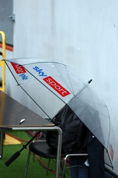 A large umbrella from the TV channel SKY lies on the edge of the pitch at the match of the 1st FBL: 24-25: 1. FBL: 24-25: 5. Sptg. SC Freiburg - FC St. Pauli  DFL REGULATIONS PROHIBIT ANY USE OF PHOTOGRAPHS AS IMAGE SEQUENCES AND/OR QUASI-VIDEONann  Photo: Joachim Hahne/johapress