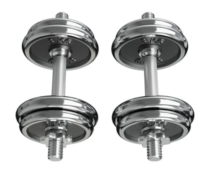 Cast Iron Chrome Adjustable Dumbbells, weightlifting gym equipment, side view, isolated on white background. 3D illustration