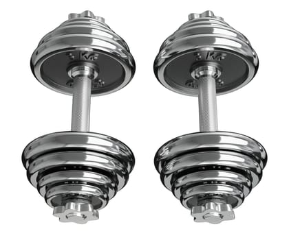Cast Iron Chrome Adjustable Dumbbells, weightlifting gym equipment, side view, isolated on white background. 3D illustration