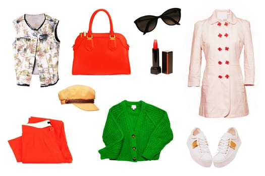 Collage set of woman spring summer clothes isolated. Female girls clothing collection. Women fashion outfit. Jeans, sneaker, jumper, jacket, accessories wear.