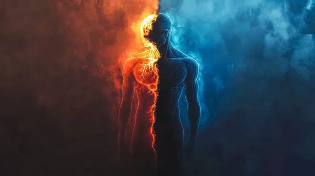 Man split in fire and ice, symbolizing duality and balance, evoking themes of good versus evil and light versus darkness