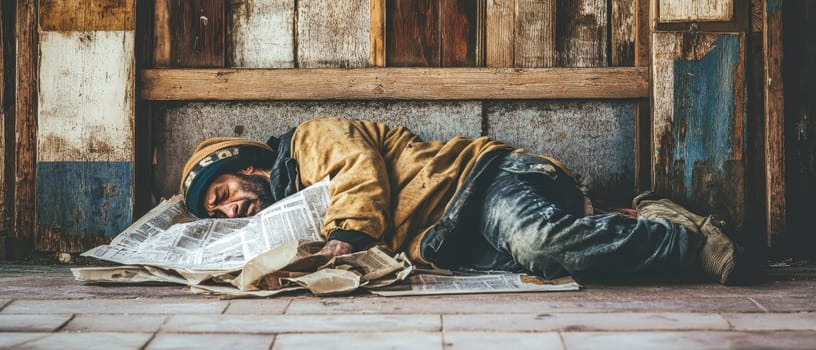 A homeless man sleeps outdoors on the ground, covered with newspapers, highlighting urban poverty and hardship.