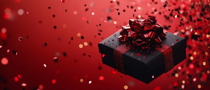 A festive gift box with a red glitter ribbon surrounded by confetti, perfect for holiday celebrations and joyful moments with place for text.
