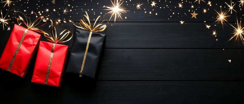 Red and black gift boxes with gold ribbons on a wooden background, adorned with festive sparkles and copy space.