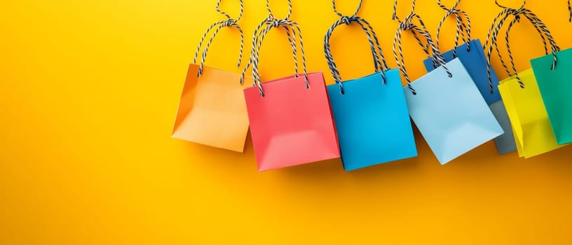 A selection of colorful shopping bags hanging on a bright yellow background, highlighting retail and consumer themes. Black Friday sale concept with empty place for text.
