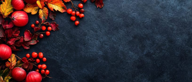 Vibrant autumn leaves and red berries arranged on a dark background, providing ample copy space for text.