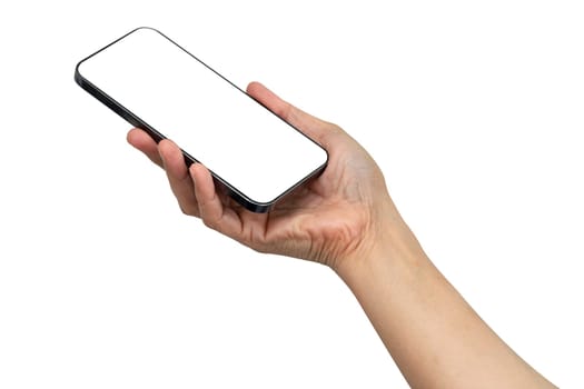Asian woman holding smartphone in hand on white background with clipping path.