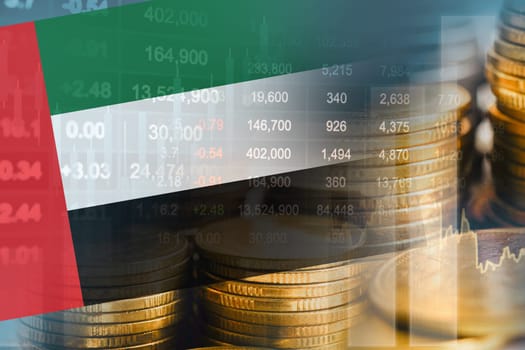 UAE United Arab Emirates flag with stock market finance, economy trend graph digital technology.